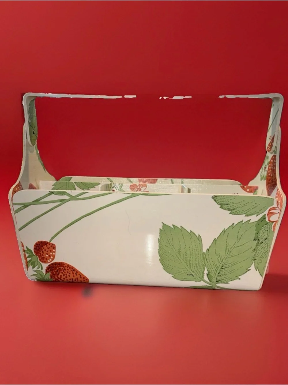 Strawberry Print Storage Caddy Handled Vintage 1970’s Top of the Table By Karen